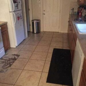 Can you find the large dog hiding in this kitchen?